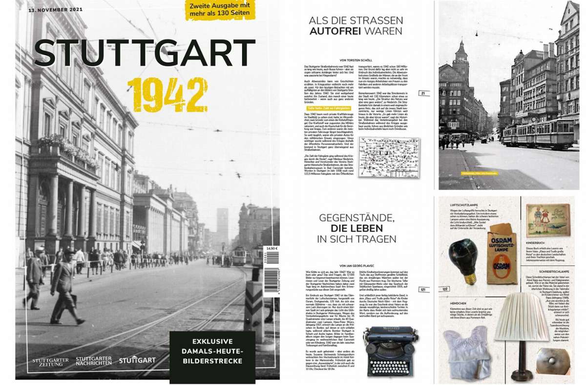 Die Titelseite des „Stuttgart 1942“-Magazins und zwei Kapitelseiten. Weitere Blicke ins Magazin zeigt die folgende Bilderstrecke.
